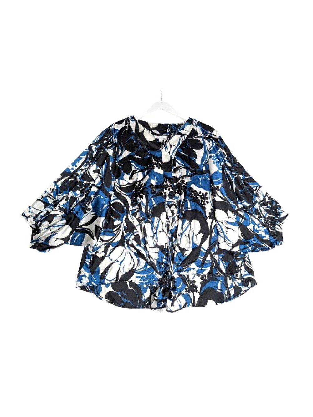 Chicos Womens Floral Tie-Front Blouse Blue Size 16 Scandi Blue Flowy 3/4 Sleeve